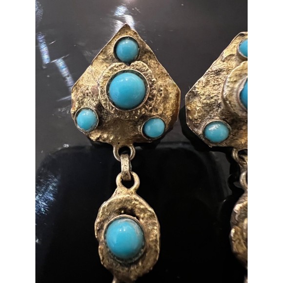 Vintage Mid Century HENRY PERICHON  Earrings Faux Turquoise  Gilt Bronze Rare - Picture 15 of 16